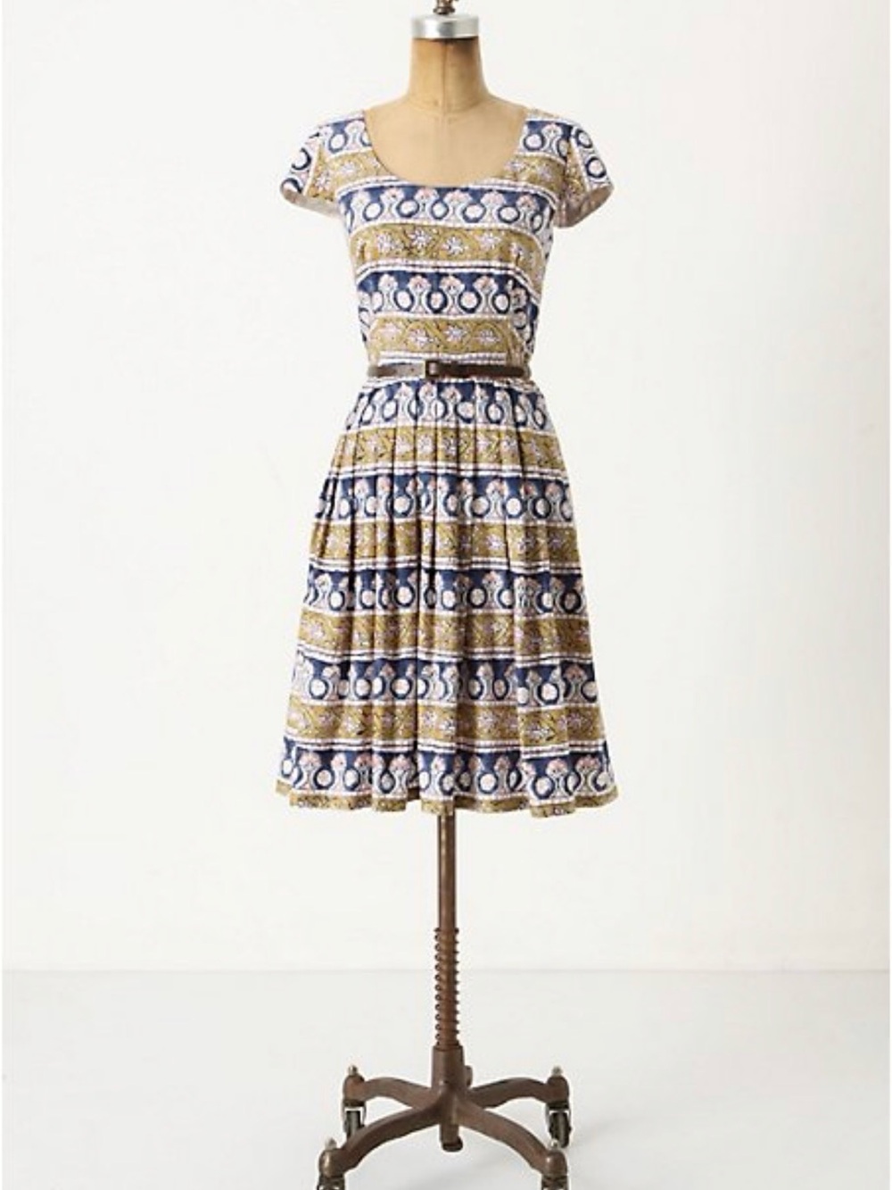 Corey Lynn Calter Navy Blue and Gold Patterned Fit-and-Flare Dress